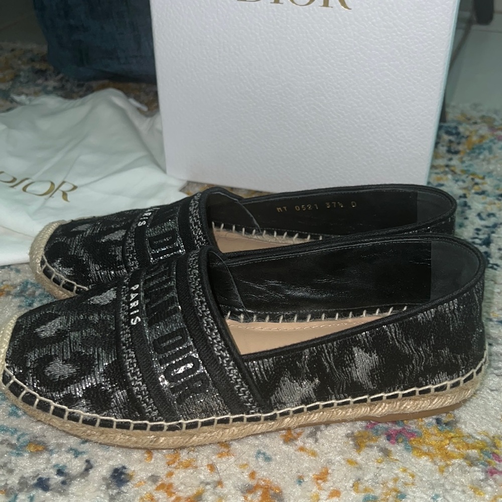 Dior Black Granville Mizza Lurex Embroidered Metal Grey Espadrille 37.5 Flats - Picture 7 of 9